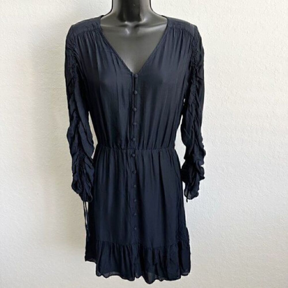 Parker Fletcher Ruched Sleeve Silk Long Sleeve Blouson Dress Midnight Blue Small - Picture 3 of 13